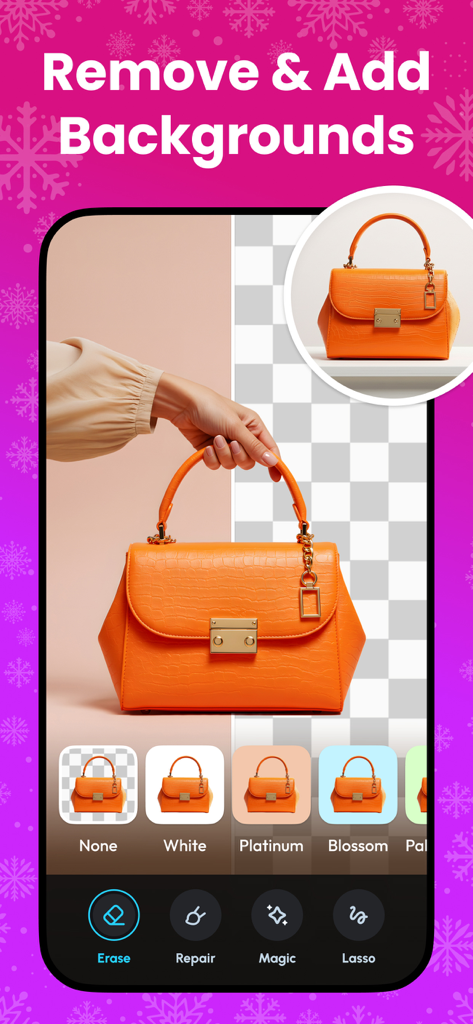 Edit Up: AI Photo Video Editor - Interfaz de aplicación móvil que muestra la herramienta de eliminación y reemplazo de fondos con IA para una foto de producto de bolso naranja