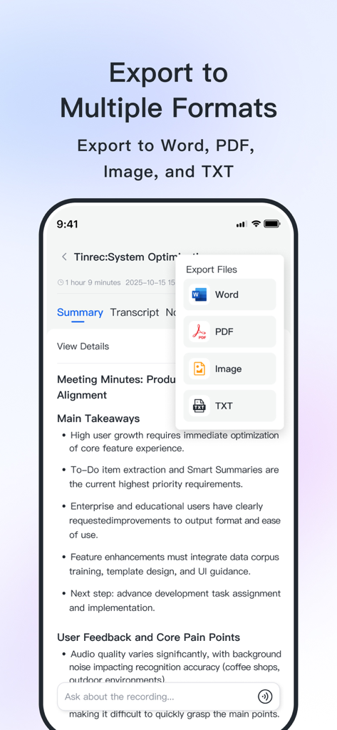 Tinrec Transcribe Voice Notes - Interfaz de la aplicación Tinrec que muestra múltiples formatos de exportación como Word y PDF para resúmenes de reuniones transcritas