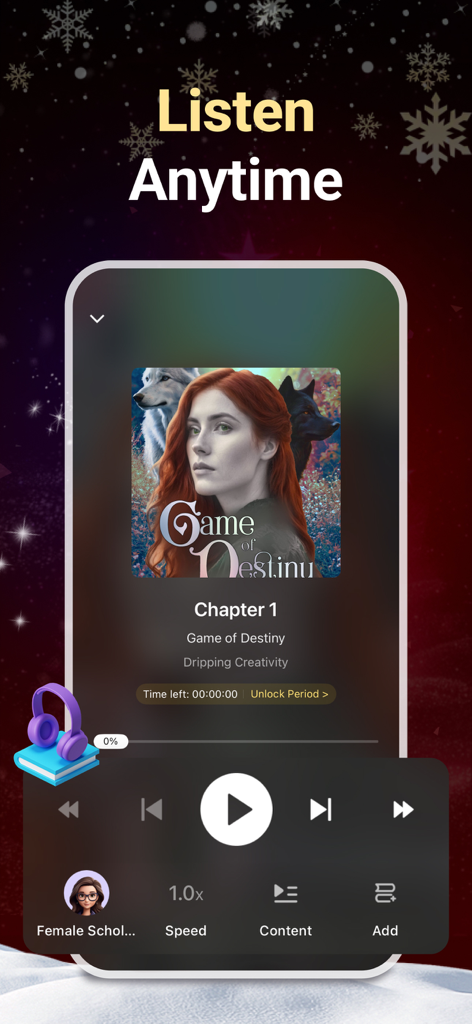 NovelFlow mobile app audiobook player interface for the story Game of Destiny with a Listen Anytime headline