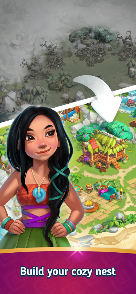 Merge Islanders: Tropical Town - La personaje Rona mostrando una renovación de isla tropical de un bosque neblinoso a un nido acogedor.