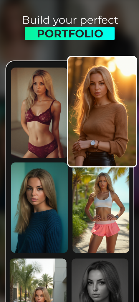 Portraiz AI Headshot Generator - Eine Sammlung von KI-generierten Porträts in verschiedenen Outfits für ein persönliches oder professionelles Portfolio