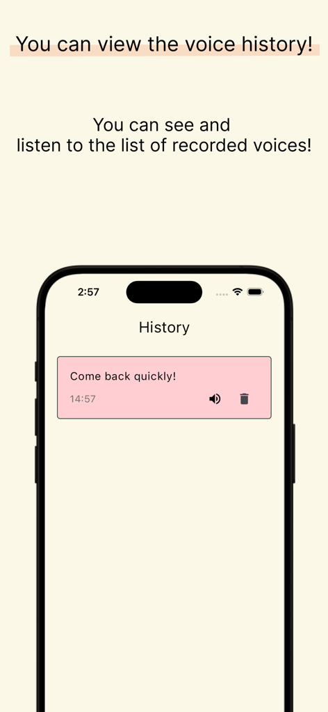 Dog Voice Translator - A smartphone showing the voice history screen of the Dog Voice Translator app with a saved recording translation.