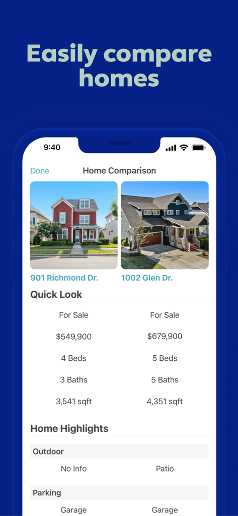 Trulia app home comparison screen showing side-by-side house listings and key details like price and size