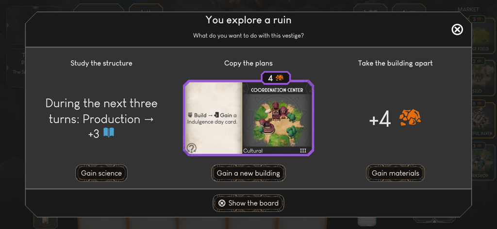 Dawnmaker - Strategic choice screen in Dawnmaker for exploring ruins to gain science building plans or materials