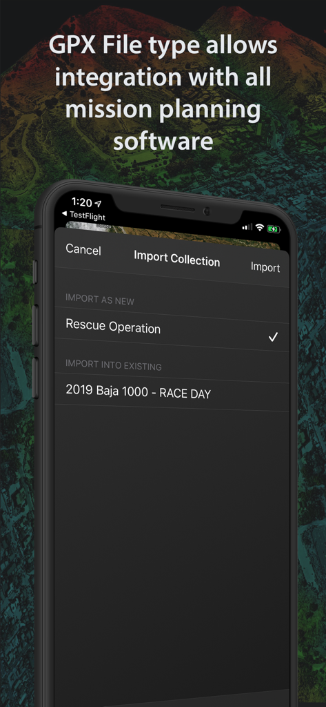 LeadNav GPS app interface for importing GPX files for mission planning and off-road racing