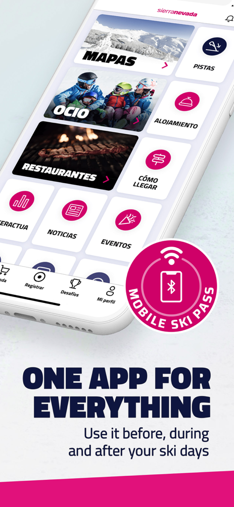 Sierra Nevada - Pantalla de inicio de la app móvil de Sierra Nevada mostrando funciones como mapas, restaurantes y pase de esquí móvil.