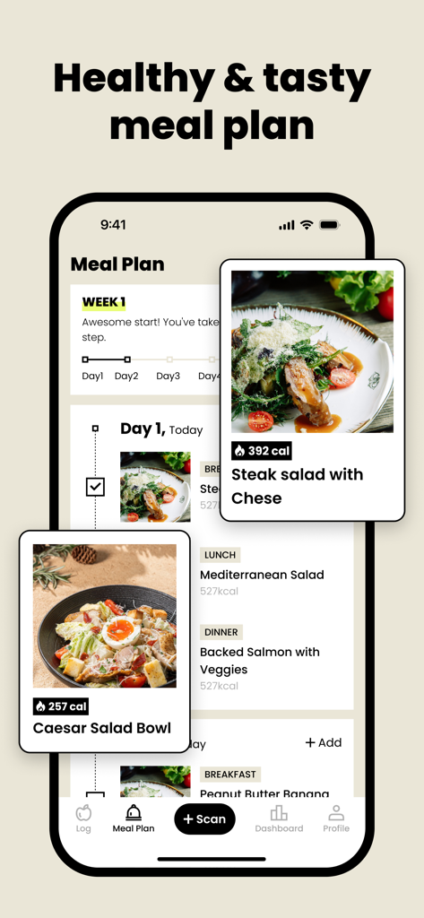 Food Analysis Pal - CalDiet - Mobile app interface showing a personalized weekly meal plan with calorie counts for various healthy dishes