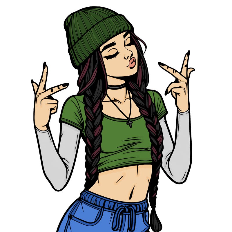realistic teenage girl with braids and a beanie and crop top doing 🫶🏼