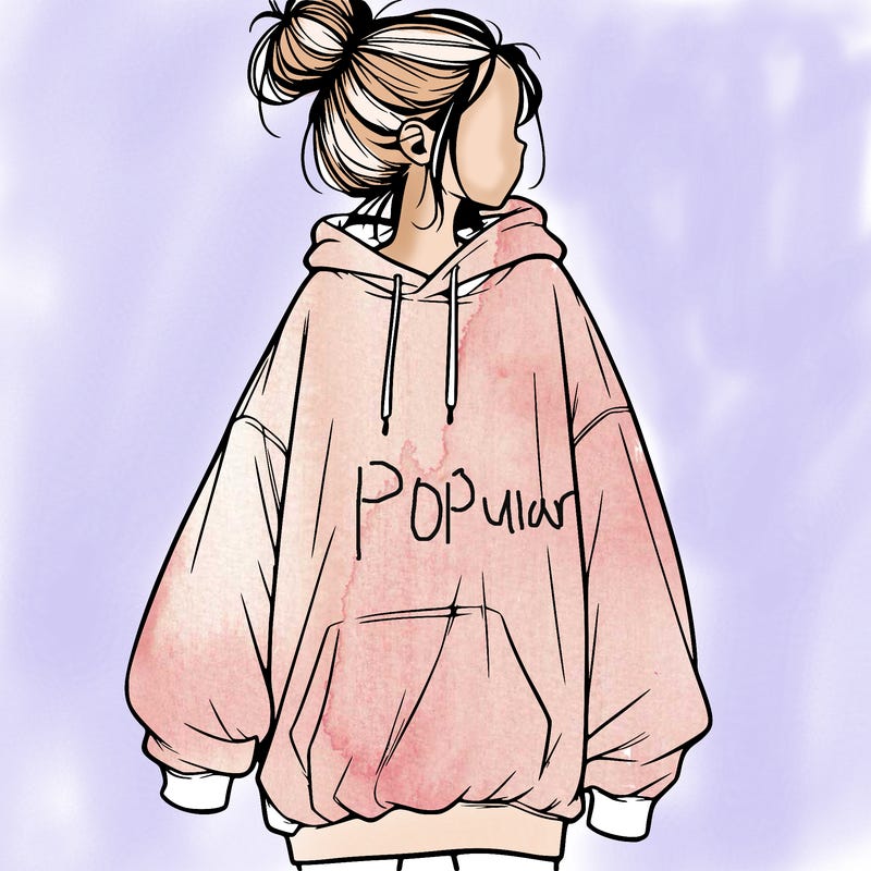 realistic girl with a oversized sweatshirt on and a bun