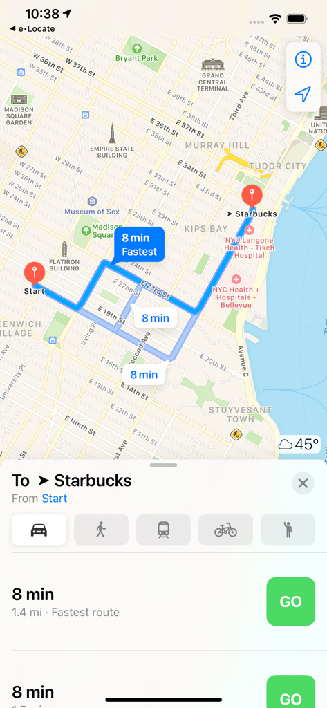e•Locate - Kartenansicht der e-Locate-App, die eine Navigationsroute und die Reisezeit zu einem lokalen Ziel anzeigt.