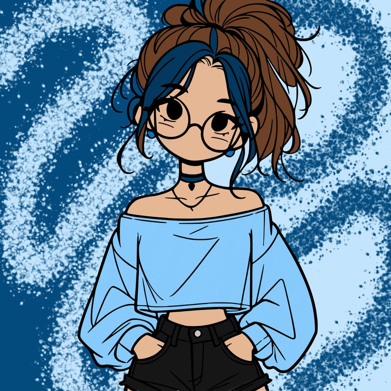 girl with a messy ponytail glasses a baggy crop top and jean shorts