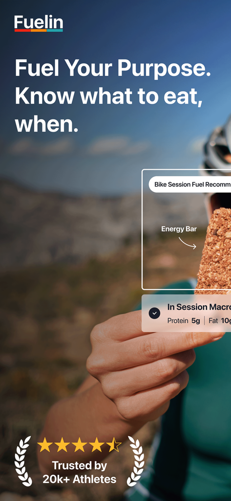 Athlete holding an energy bar with Fuelin app nutritional recommendations for a bike session.