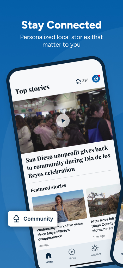 CBS 8 San Diego app displaying local news headlines and weather
