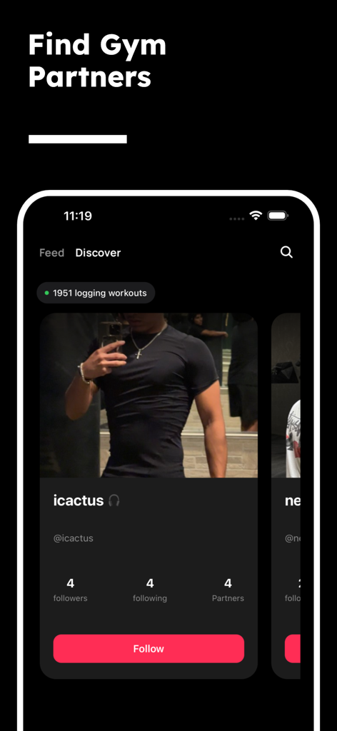 Discover feed in Lift Card app showing lifter profiles and gym partner search