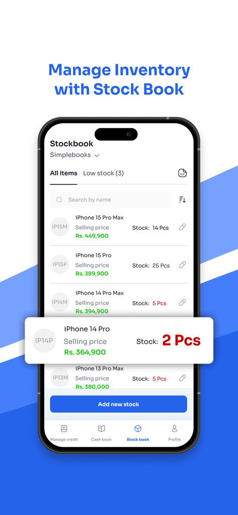 Interfaz del libro de existencias de la aplicación Shopbook que muestra la lista de productos y las alertas de bajo inventario