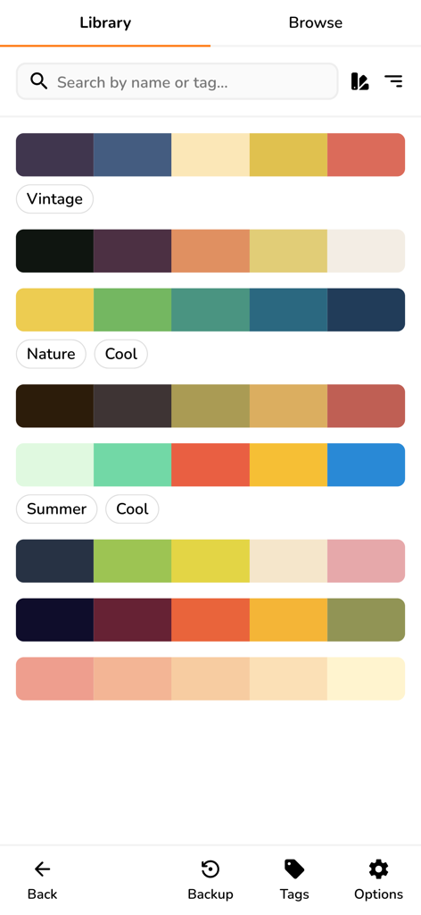 A library of saved color palettes in the Pigments app with descriptive tags like Vintage and Nature.