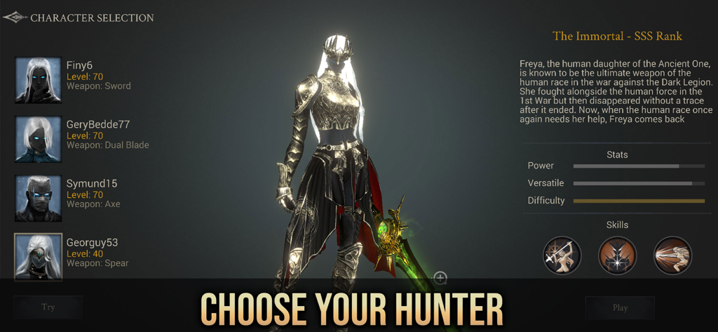 Shadow Hunter: Premium - Pantalla de selección de personajes de Shadow Hunter mostrando a Freya la Inmortal con estadísticas de Rango SSS.