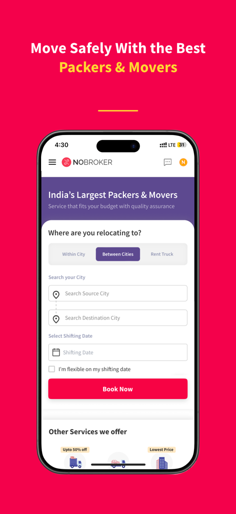 NoBroker Rent, Buy, Sell Flats - Pantalla de reserva de la aplicación NoBroker para servicios de empacadores y mudanzas en India
