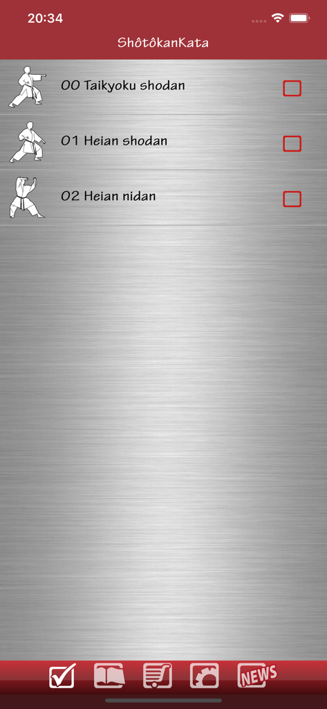 ShotokanKata app screen showing a list of karate katas with checkboxes.