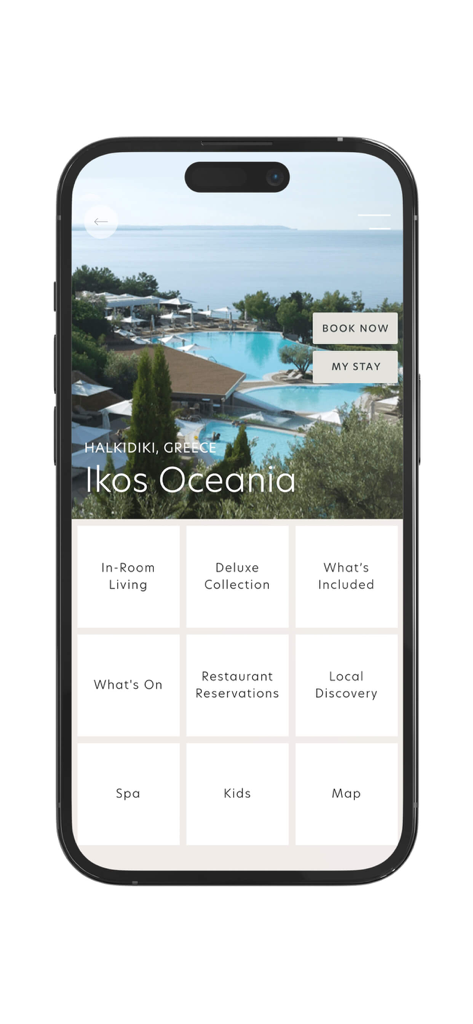 Ikos Resorts mobile app interface for Ikos Oceania showing luxury guest services and booking options
