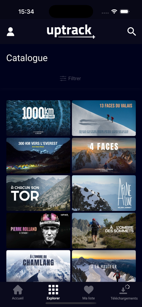 Uptrack - Uptrack app interface showing a catalogue of mountain and outdoor sports documentaries