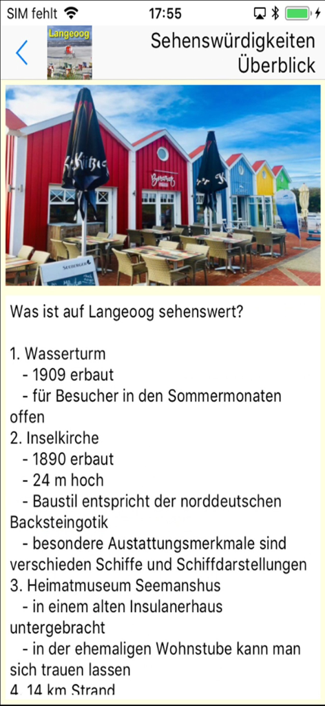 Langeoog App für den Urlaub - A list of tourist attractions on Langeoog island within the mobile app interface.