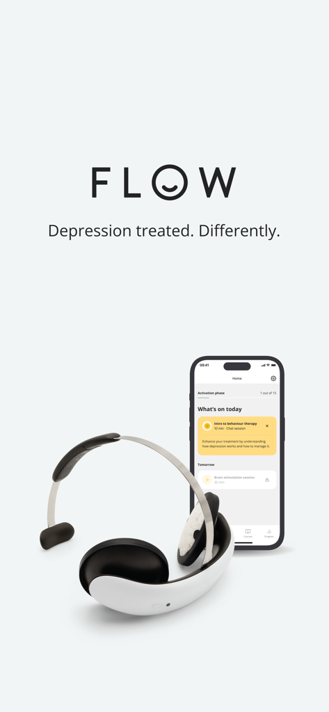 Flow - Depression treatment - スマートフォンの横に置かれたFlow神経科学脳刺激ヘッドセット。画面には専用のうつ病治療アプリが表示されている。