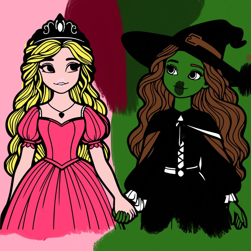 a princess and a witch holding hands realistic