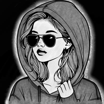 realistic teenage girl, wearing a hoodie and sunglasses