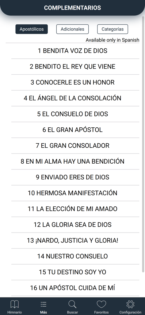 Himnario Lldm Inglés - Español - Una lista de himnos españoles numerados en la sección complementarios de la aplicación Himnario LLDM