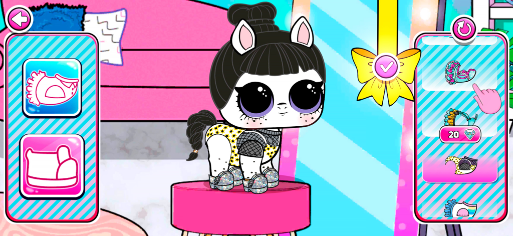 L.O.L. Surprise! Pet Center - A black and white pony character being dressed in fashionable outfits and glittery shoes in the L.O.L. Surprise Pet Center game.