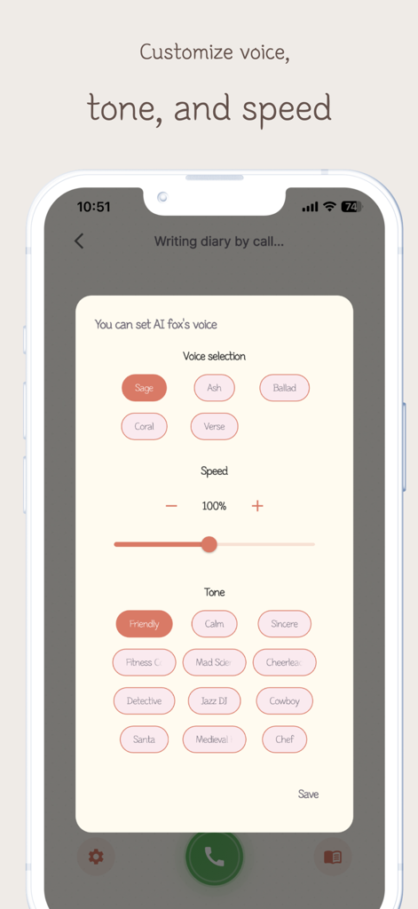 Callog - AI Diary - Screenshot of Callog app voice customization screen showing options for voice selection, speed, and tone.