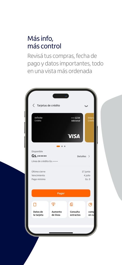 Itaú Personal Bank Paraguay - Captura de pantalla de la aplicación Itaú Personal Bank Paraguay que muestra la gestión de tarjetas de crédito con una tarjeta Visa Infinite y detalles de pago.