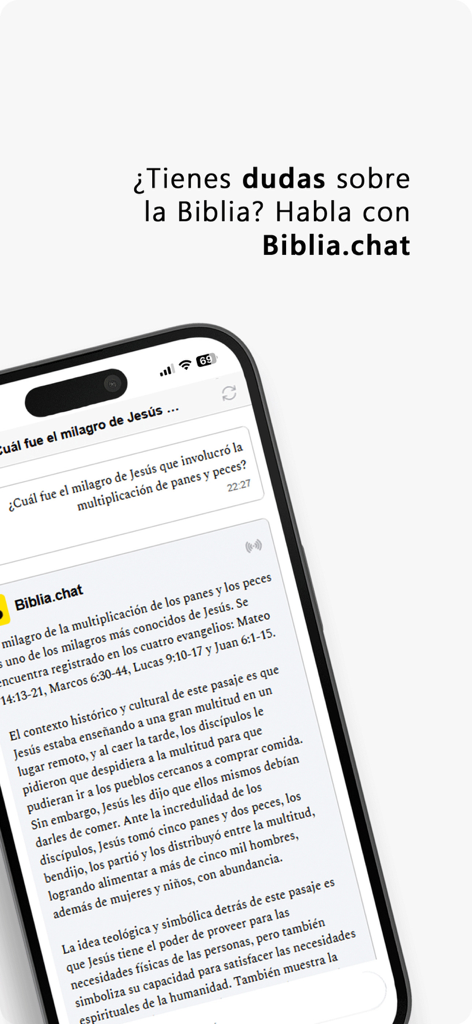 Biblia.chat: Read. Hear. Chat. - Interface do aplicativo Biblia.chat mostrando um bate-papo com um assistente de IA respondendo perguntas sobre a Bíblia em espanhol