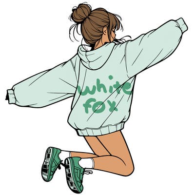 realistic girl jumping with a bun and oversized sweatshirt