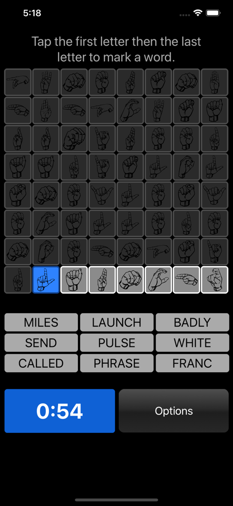 ASL-Wortsuche-Gameplay, das ein Raster von Handzeichen und eine Liste von zu findenden Wörtern zeigt