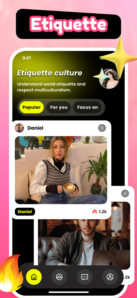 Mobile app screen for Vinta showing social etiquette culture tips and a community feed of user profiles