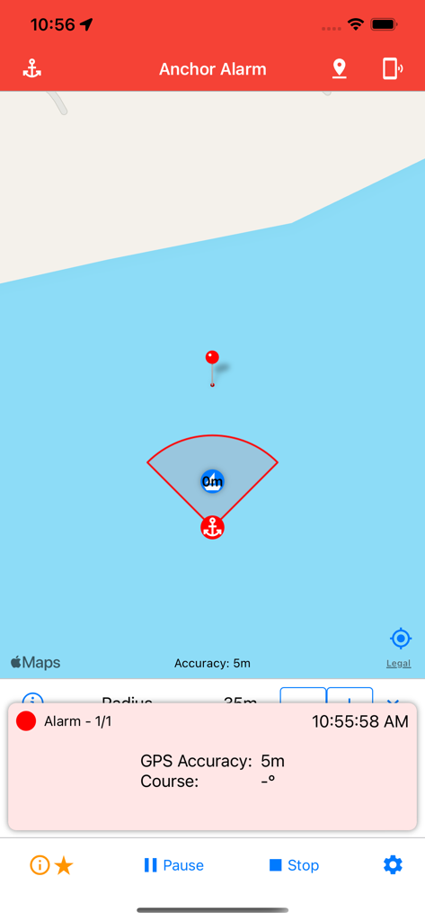 Anchor Alarm app interface showing boat position and monitored radius on a map
