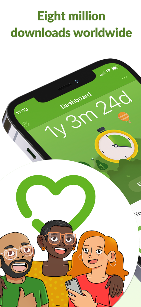 Smoke Free - Quit Smoking Now - 1년 이상의 진행 상황을 보여주는 금연 앱 인터페이스와 8백만 건의 다운로드에 대한 메모, 그리고 다양한 커뮤니티 일러스트