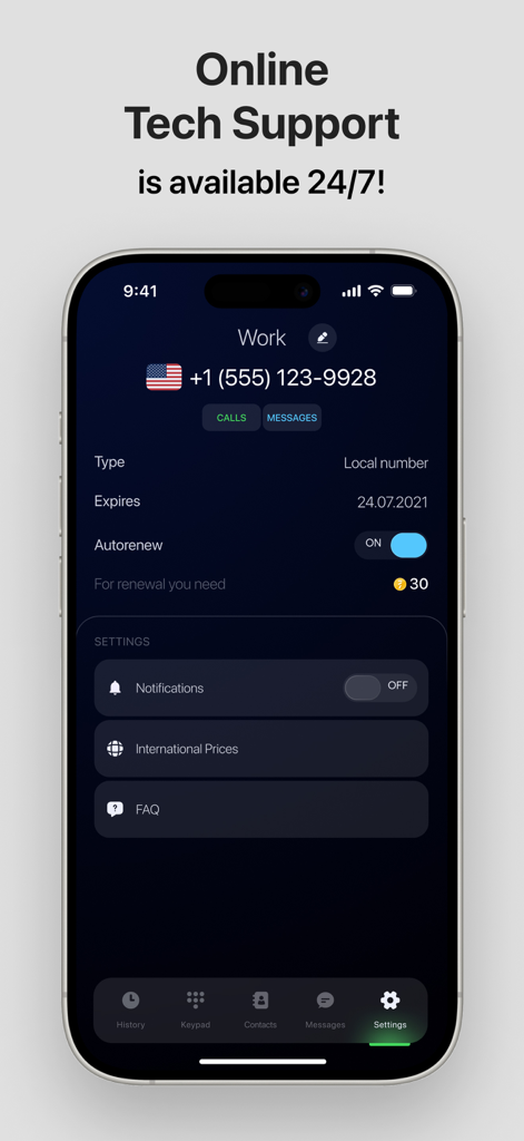eSIM Plus: Second Phone Number - eSIM Plus app interface showing settings for a virtual US phone number and a 24/7 online tech support banner.