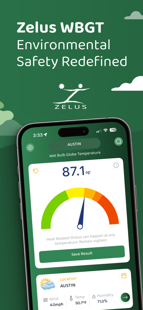 Zelus WBGT - Zelus WBGT app interface showing a heat risk gauge and wet bulb globe temperature reading for Austin