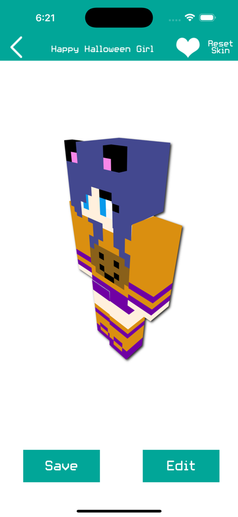 A 3D preview of a Happy Halloween Girl skin for Minecraft PE featuring blue hair and a pumpkin outfit
