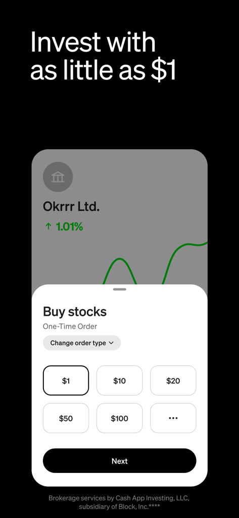 Cash App mobile interface showing a buy stocks screen with a one dollar investment option.