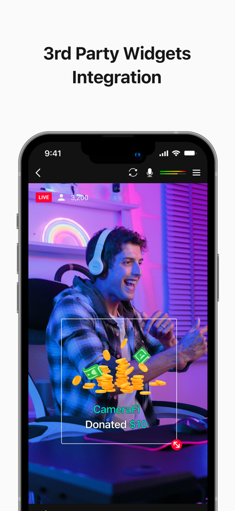 CameraFi Live - CameraFi Liveアプリのインターフェース。ライブストリーム中にサードパーティの寄付ウィジェットオーバーレイを表示しています。