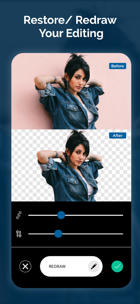 Before and after comparison of background removal with manual redraw editing tools