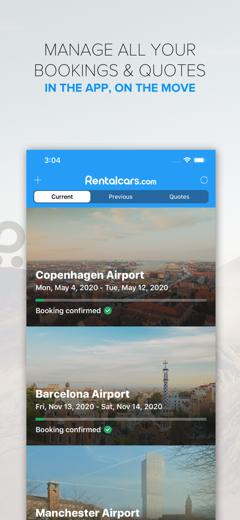 스마트폰 화면의 렌탈카스 앱, 코펜하겐 및 바르셀로나 공항에서 확정된 렌터카 예약 표시