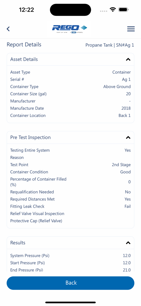 RegO App - Schermata dei dettagli del report dell'App RegO per un'ispezione del serbatoio GPL