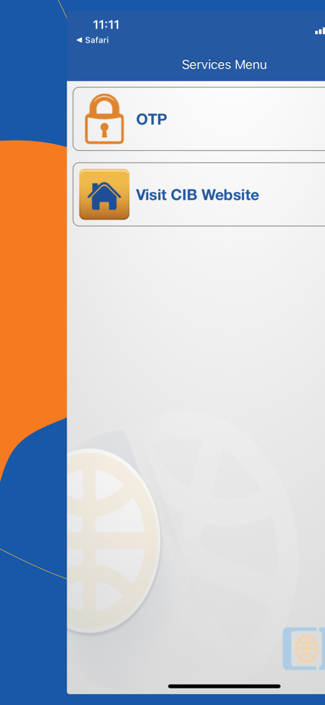 CIB OTP Token - CIB OTP Token app services menu showing options for OTP generation and visiting the bank website