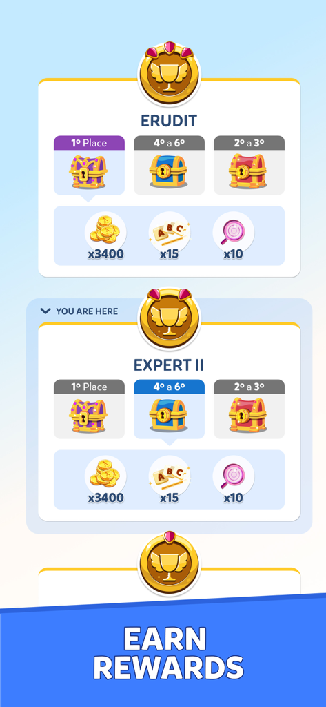 Pantalla de la aplicación Word Crack mostrando recompensas para diferentes niveles de clasificación como Experto y Erudito