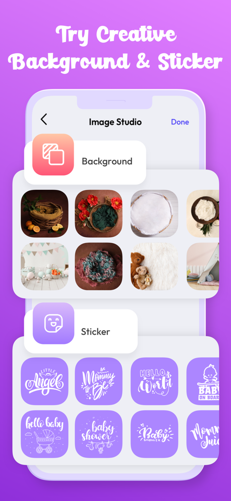 What Will My Baby Look Like - Interface of a baby photo editing app showing various creative backgrounds and milestone stickers